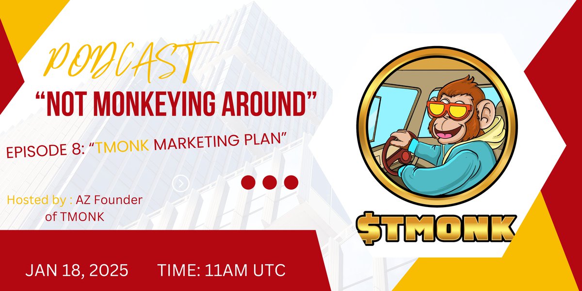 TMONK777's tweet photo. #CryptoPodcast #TMONK #MemeCoin #CryptoCommunity #CryptoNews #CryptoMarketing
#Altcoins #Blockchain #CryptoInvesting #CryptoTalk
#CryptoUpdates #CryptoEvents #CryptoEducation
#CryptoInsights #CryptoTrends #CryptoLive #CryptoBuzz #CryptoWorld #CryptoRevolution
#CryptoFuture
🎙️ Not Monkeying Around Podcast – Episode 8 LIVE! 🐒💸

🚨 Join us on January 18th, 2025, as we go LIVE on X to reveal the $TMONK 2025 Flywheel Marketing Plan! This is your chance to get an exclusive look at the strategies behind the ultimate meme coin.

🗓️ When: January 18th, 2025
⏰ Time: 11 AM UTC
📍 Where: X LIVE 🐦 https://t.co/pcdUF2qnOd
💡 What You’ll Learn:
2025 Flywheel Plan: The strategies driving $TMONK’s unstoppable growth.

Influencers & KOLs: How we’re choosing partners who align with our mission.

Community-Driven Goals: Why YOU are at the heart of our success.
🔗 Stay Connected Before the Show:
🌐 Official Website: https://t.co/QyZlHoJm1b
💸 Buy $TMONK: https://t.co/zuLF0nsdY1
📸 Instagram: https://t.co/uDTHazOKWb
💬 Discord: https://t.co/CMLabX8hrO
🔊 Telegram: https://t.co/hrCKX6vFEi
🔥 Don’t miss Episode 8 of “Not Monkeying Around”—we’re shaping the future of $TMONK, and it starts with you. 🌟🐵
#NotMonkeyingAround #FlywheelMarketing #CryptoPodcast #TMONK2025 #MemeCoinLive