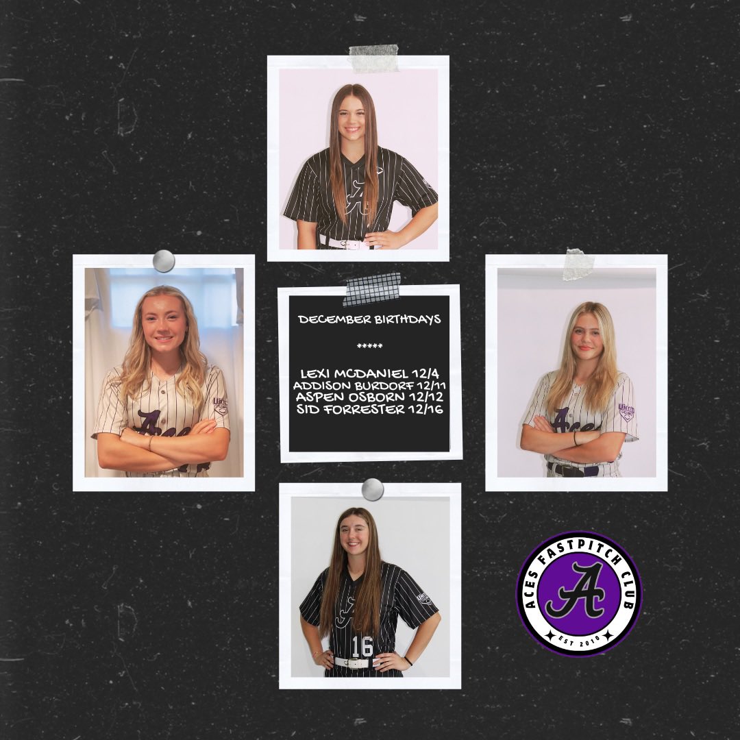 Aces Softball (@aces_softballkc) on Twitter photo Happy birthday to our December birthdays!
<a href="/LexiMcDaniel2/">Lexi McDaniel</a> - 12/4
<a href="/AddisonBurdorf/">Addison Burdorf</a> - 12/11
Aspen Osborn- 12/12
<a href="/ForresterSidney/">Sidney Forrester</a> - 12/16
💜 Happy birthday to our December birthdays!
<a href="/LexiMcDaniel2/">Lexi McDaniel</a> - 12/4
<a href="/AddisonBurdorf/">Addison Burdorf</a> - 12/11
Aspen Osborn- 12/12
<a href="/ForresterSidney/">Sidney Forrester</a> - 12/16
💜