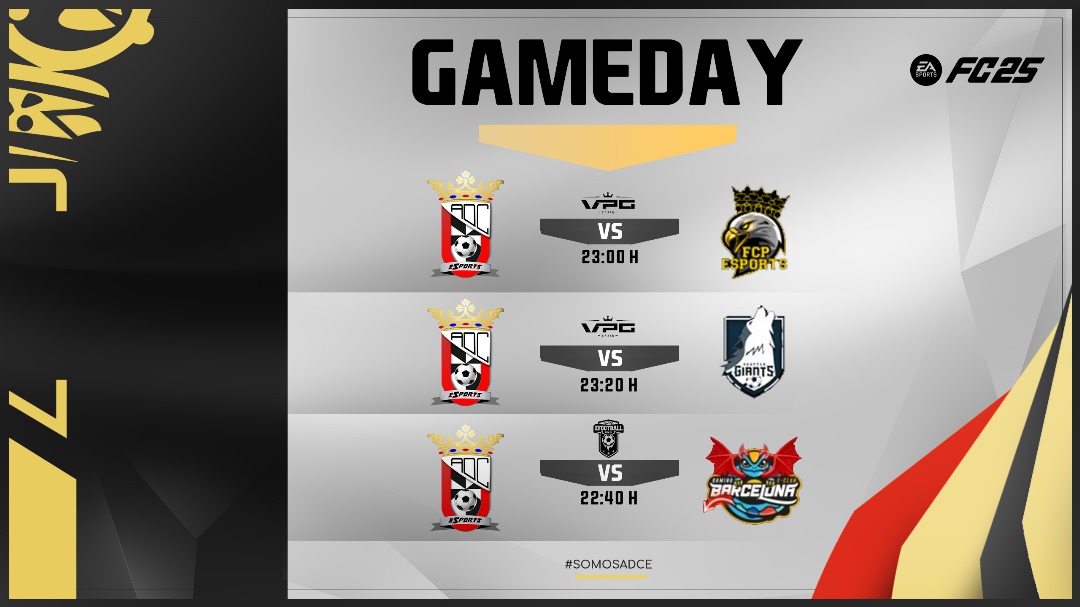 ADCeuta Esports (@adceutaesports) on Twitter photo #MatchDay 13/01/2025
📌 Volvemos para darle caña con estos partidazos en #EAFC25 😎
🏆 <a href="/PLGeFootBall/">PLG efootball</a>
🆚 <a href="/GamingBarxelona/">Gaming Barcelona eSports Club</a> 🇪🇸
⏰ 22:40h
🏆 <a href="/VPG_Spain/">Virtual Pro Gaming España</a>
🆚 <a href="/eSportsFCP/">FCP eSports 🦅</a> 🇪🇸
⏰ 23:00h
🏆 <a href="/VPG_Spain/">Virtual Pro Gaming España</a>
🆚 <a href="/SeattleGiants/">Seattle Giants</a> 🇪🇸
⏰ 23:20h
#SomosADCE
<a href="/ADCeuta_FC/">AD CEUTA FC</a>
<a href="/ADCeutaEsports/">ADCeuta Esports</a> #MatchDay 13/01/2025
📌 Volvemos para darle caña con estos partidazos en #EAFC25 😎
🏆 <a href="/PLGeFootBall/">PLG efootball</a>
🆚 <a href="/GamingBarxelona/">Gaming Barcelona eSports Club</a> 🇪🇸
⏰ 22:40h
🏆 <a href="/VPG_Spain/">Virtual Pro Gaming España</a>
🆚 <a href="/eSportsFCP/">FCP eSports 🦅</a> 🇪🇸
⏰ 23:00h
🏆 <a href="/VPG_Spain/">Virtual Pro Gaming España</a>
🆚 <a href="/SeattleGiants/">Seattle Giants</a> 🇪🇸
⏰ 23:20h
#SomosADCE
<a href="/ADCeuta_FC/">AD CEUTA FC</a>
<a href="/ADCeutaEsports/">ADCeuta Esports</a>