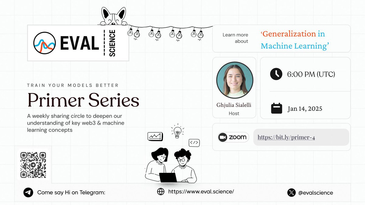 eval.science (@evalscience) on Twitter photo Curious why your models are performing so well on your validation set but struggle on the actual tests?
We are hosting EVAL Primer #4 with <a href="/SialelliG/">Ghjulia Sialelli</a> on "Generalization in Machine Learning" tomorrow - learn how to evaluate your models!
Register here:
lu.ma/0n6hhgq4 Curious why your models are performing so well on your validation set but struggle on the actual tests?
We are hosting EVAL Primer #4 with <a href="/SialelliG/">Ghjulia Sialelli</a> on "Generalization in Machine Learning" tomorrow - learn how to evaluate your models!
Register here:
lu.ma/0n6hhgq4