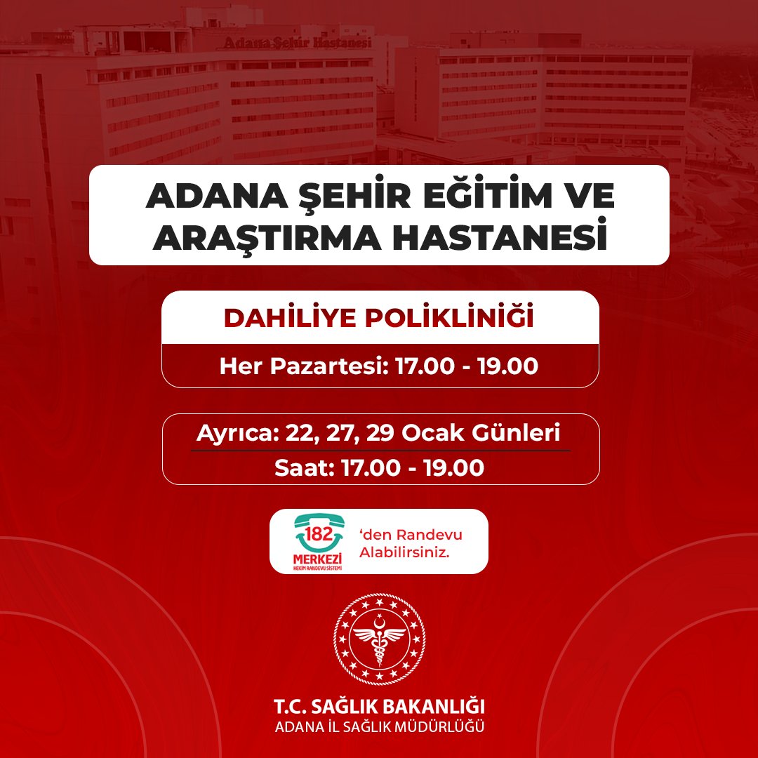 adana_ism's tweet photo. Mesai Biter, Hizmet Bitmez!

Mesai Dışı Poliklinik Hizmetimiz Başladı!

3 Hastanemizde başlayan farklı branşlarda mesai dışı poliklinik hizmetimizle, vatandaşlarımız MHRS (182) üzerinden randevu alıp muayene olabilecek, ayaktan muayene kapasitemiz artacak.

@drmemisoglu
@sbkhgm https://t.co/r6sJzfJ3cp