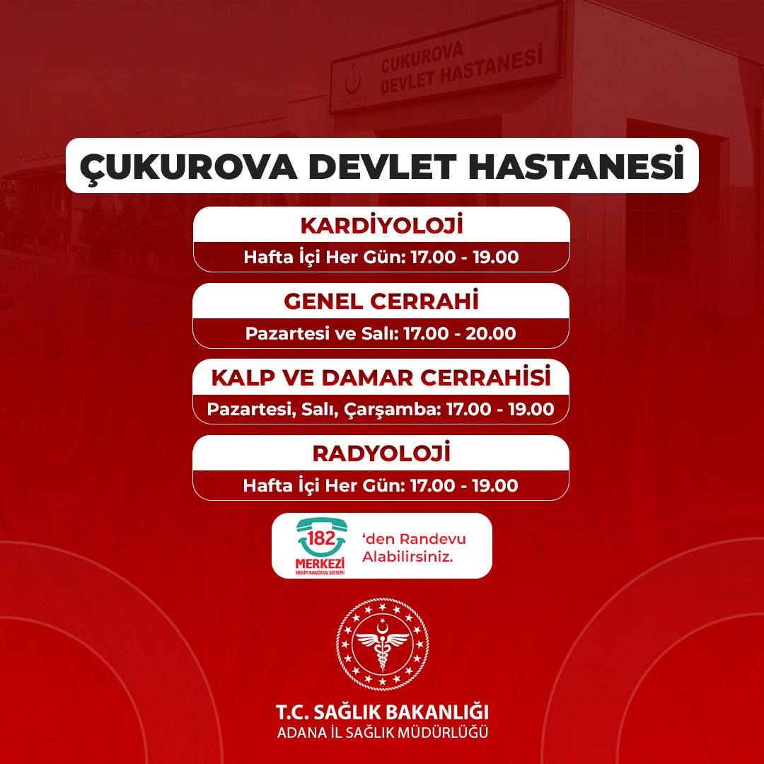 adana_ism's tweet photo. Mesai Biter, Hizmet Bitmez!

Mesai Dışı Poliklinik Hizmetimiz Başladı!

3 Hastanemizde başlayan farklı branşlarda mesai dışı poliklinik hizmetimizle, vatandaşlarımız MHRS (182) üzerinden randevu alıp muayene olabilecek, ayaktan muayene kapasitemiz artacak.

@drmemisoglu
@sbkhgm https://t.co/r6sJzfJ3cp