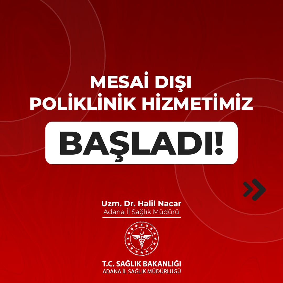 adana_ism's tweet photo. Mesai Biter, Hizmet Bitmez!

Mesai Dışı Poliklinik Hizmetimiz Başladı!

3 Hastanemizde başlayan farklı branşlarda mesai dışı poliklinik hizmetimizle, vatandaşlarımız MHRS (182) üzerinden randevu alıp muayene olabilecek, ayaktan muayene kapasitemiz artacak.

@drmemisoglu
@sbkhgm https://t.co/r6sJzfJ3cp
