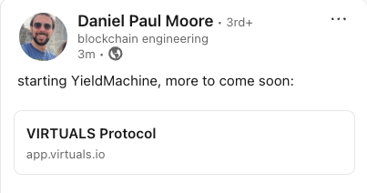 Crypto_Nolt's tweet photo. Aped $YMACH YieldMachine on @virtuals_io 
Dev is doxxed @thezkkid is working at @0xPolygon and being ex @coinbase 

Here is his linkedin where he literally announced the launch of the Agent

https://t.co/wvo6l4K3lu

https://t.co/GlQCQ6yXqB