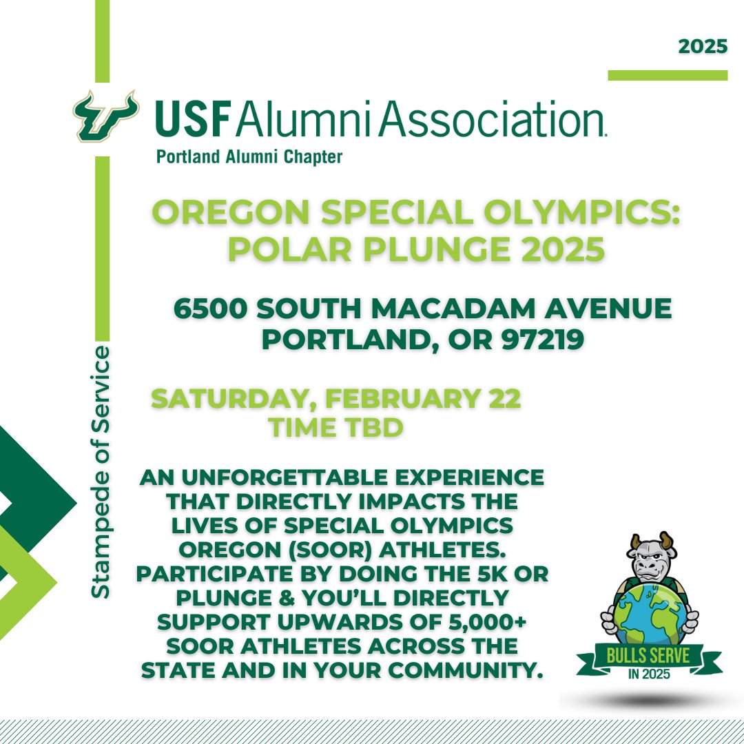 USF Portland Alumni: Join us Feb. 22 for the Special Olympics Oregon Polar Plunge &amp; 5K! 🌊🏃‍♀️
📍 Willamette Park Boat Ramps, Portland
💰 $25 for the plunge or 5K | $40 for both
🌟 Proceeds support 5,000+ SOOR athletes!
Info &amp; Sign-Up: bit.ly/4fW82Uo