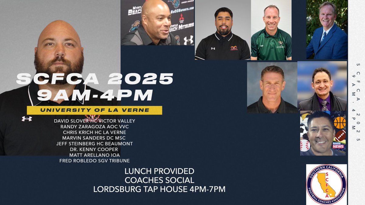 The Southern CA Football Coaches Association will host its Annual SCFCA Clinic on Saturday, January 18, 2025, at the University of La Verne, 9a-4p. If you are not a member, Register at the door beginning at 8:15a. <a href="/SCFCA_/">SCFCA Committee</a>