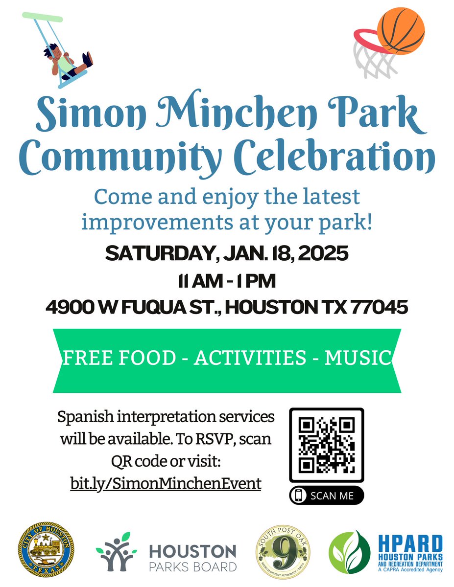 HPARD's tweet photo. We're excited to partner w/ @houparksboard & the South Post Oak Redevelopment Authority this Saturday, 1/18, to celebrate the latest improvements to Simon Minchen Park. For cyclists, learn about new hike/bike trails coming soon. Will we see you there? #ExploreHouston #Community https://t.co/J4Oe7bQS35