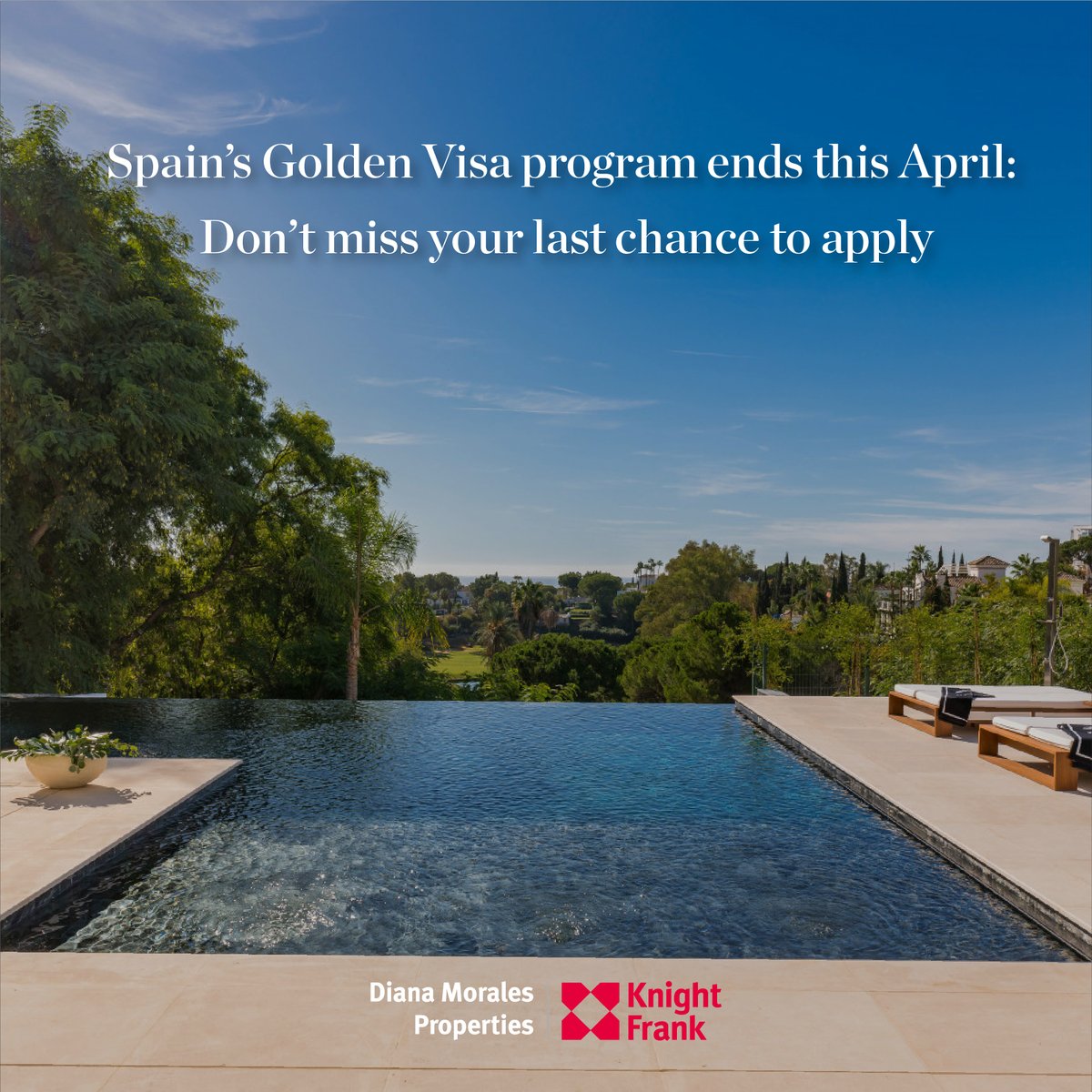 📢 Last Chance: Spanish Golden Visa Ends in April 2025!

Current Golden Visa holders can renew their permits, and applications submitted before the deadline will still be processed.

💬 Find Out all the details: acortar.link/SXVavY

#GoldenVisaSpain #LuxuryRealEstate