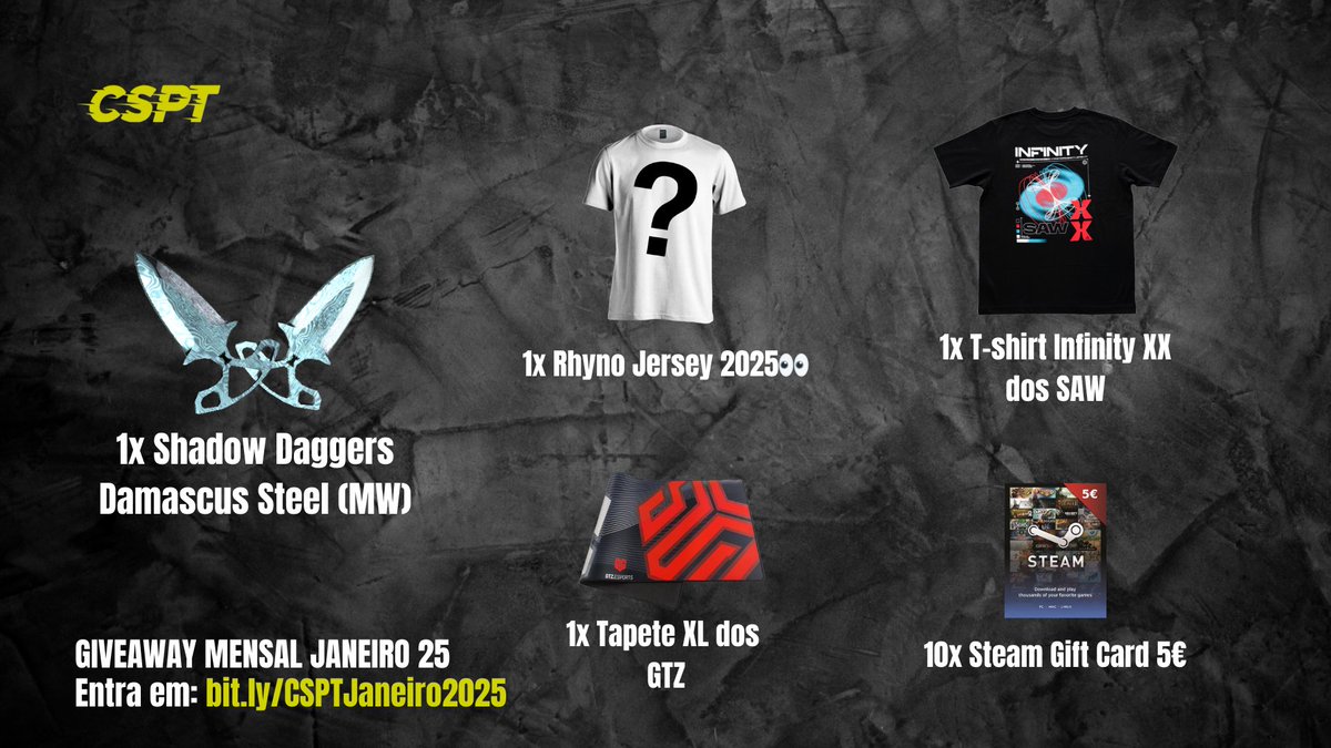 E tu estás pronto para ganhar alguns prémios neste inicio de 2025?👀

Com patrocinios dos <a href="/RhynoEsports_/">Rhyno Esports</a>, <a href="/sawggofficial/">SAW</a> e <a href="/GTZEsports/">GTZ Esports</a>, apresentamos o giveaway mensal com prémios diferentes e 14 vencedores.

Completa todos os passos ➡️bit.ly/CSPTJaneiro2025
