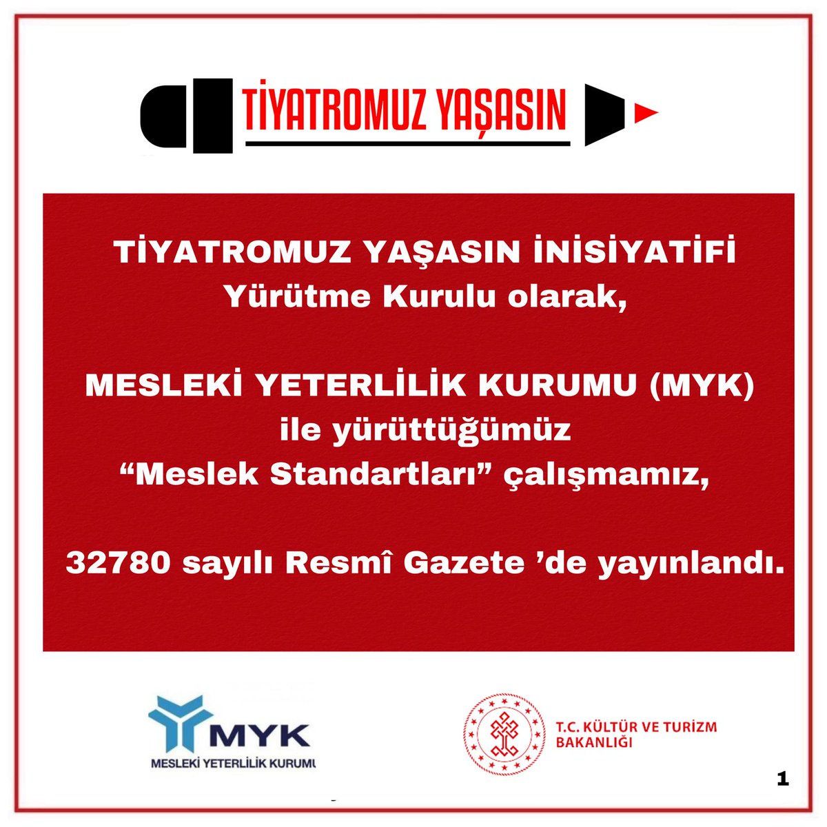 tiyatro_yasasin's tweet photo. TİYATROMUZ YAŞASIN İNİSİYATİFİ
Yürütme Kurulu olarak, MESLEKİ YETERLİLİK KURUMU (MYK) 
ile yürüttüğümüz
“Meslek Standartları” çalışmamız,  
32780 sayılı Resmî Gazete ’de yayınlandı.
.
#TiyatromuzYaşasın ❤️ https://t.co/Fk4QFvUYaC