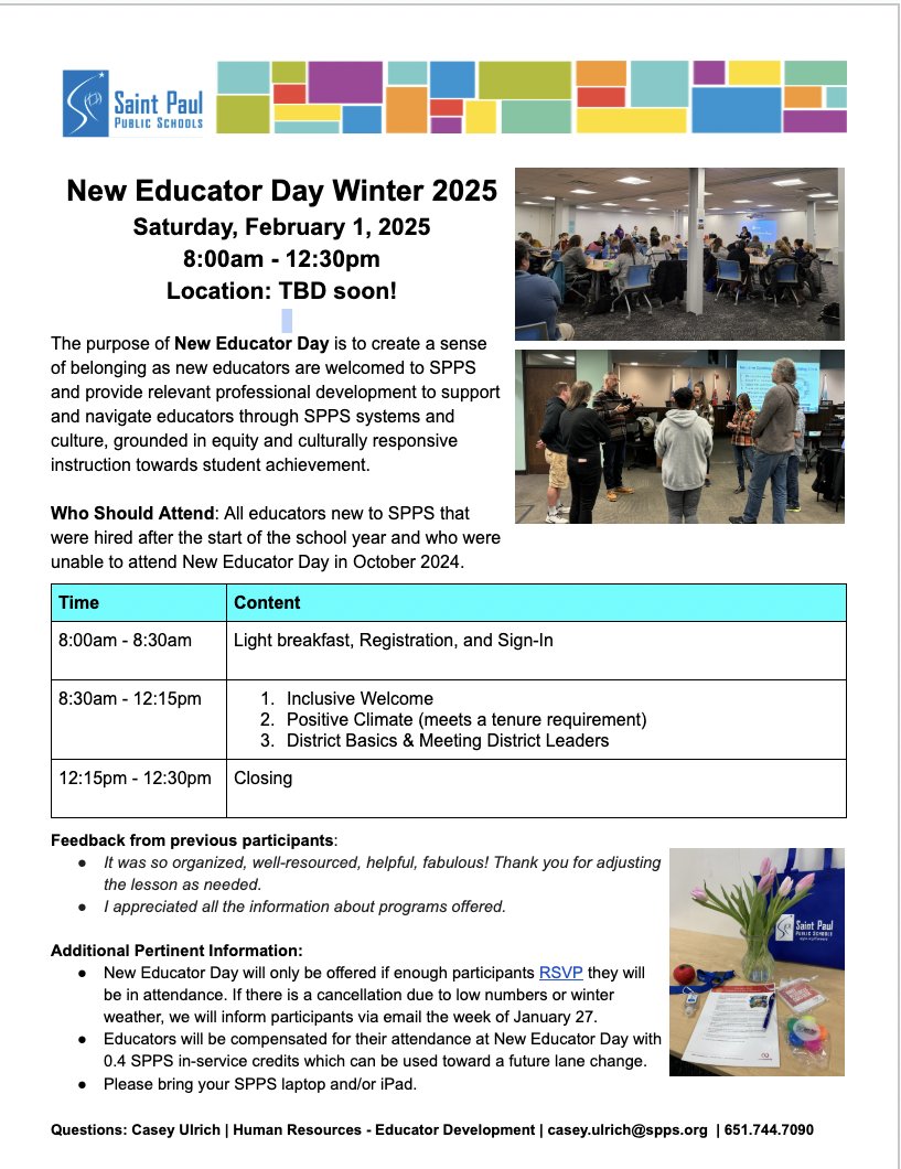 New Educator Day Winter 2025 - Saturday, Feb. 1, 2025

For new educators that were hired and didn't attend New Educator Week in August 2024 and New Educator Day in October 2024.

#Spps #neweducatorday #educators #professionaldevelopment #welcome