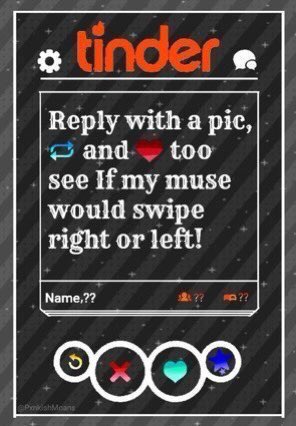 🐺 please have a pinned tweet on your muse, and only Roleplay accounts only. Also as I have mentioned in my pinned tweet, I'm not into human muses. Sorry

"Hmm, I wonder what this Tinder thing is about. And if I will have any luck finding matches. It's worth a try."