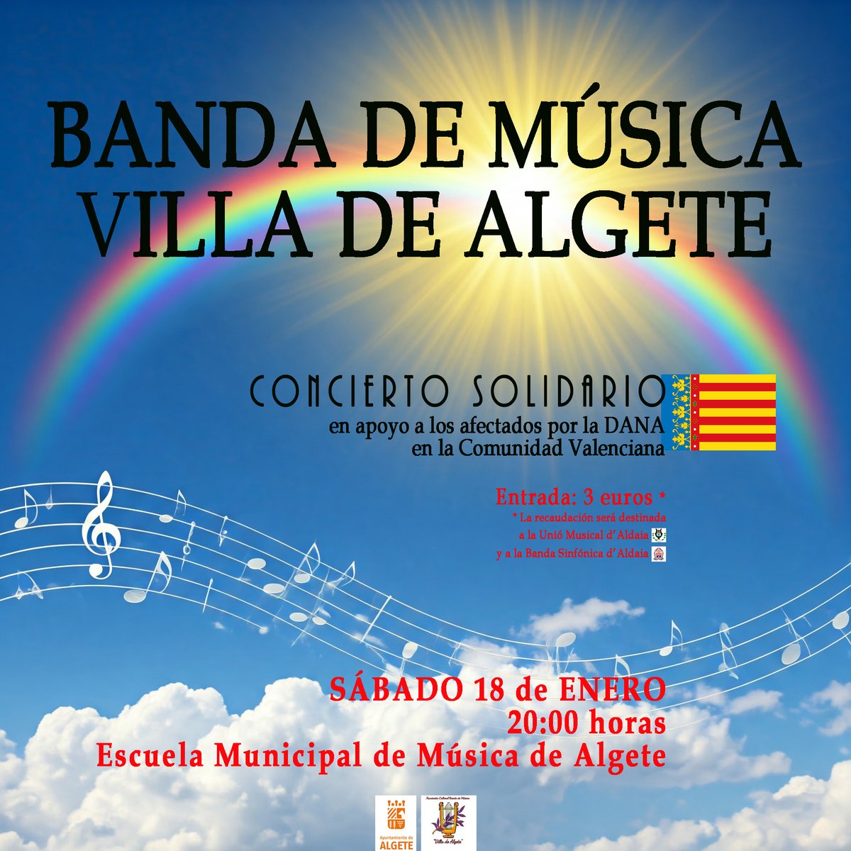 Concierto SOLIDARIO en apoyo a los afectados por la DANA en la Comunidad Valenciana:
Próximo SÁBADO 18 de ENERO a 20:00h en la Escuela de Música de Algete.
ENTRADAS a la venta en la Escuela Municipal de Música (Pza Constitución), de LUNES a JUEVES, 16:00 a 20:30 horas
Precio: 3€
