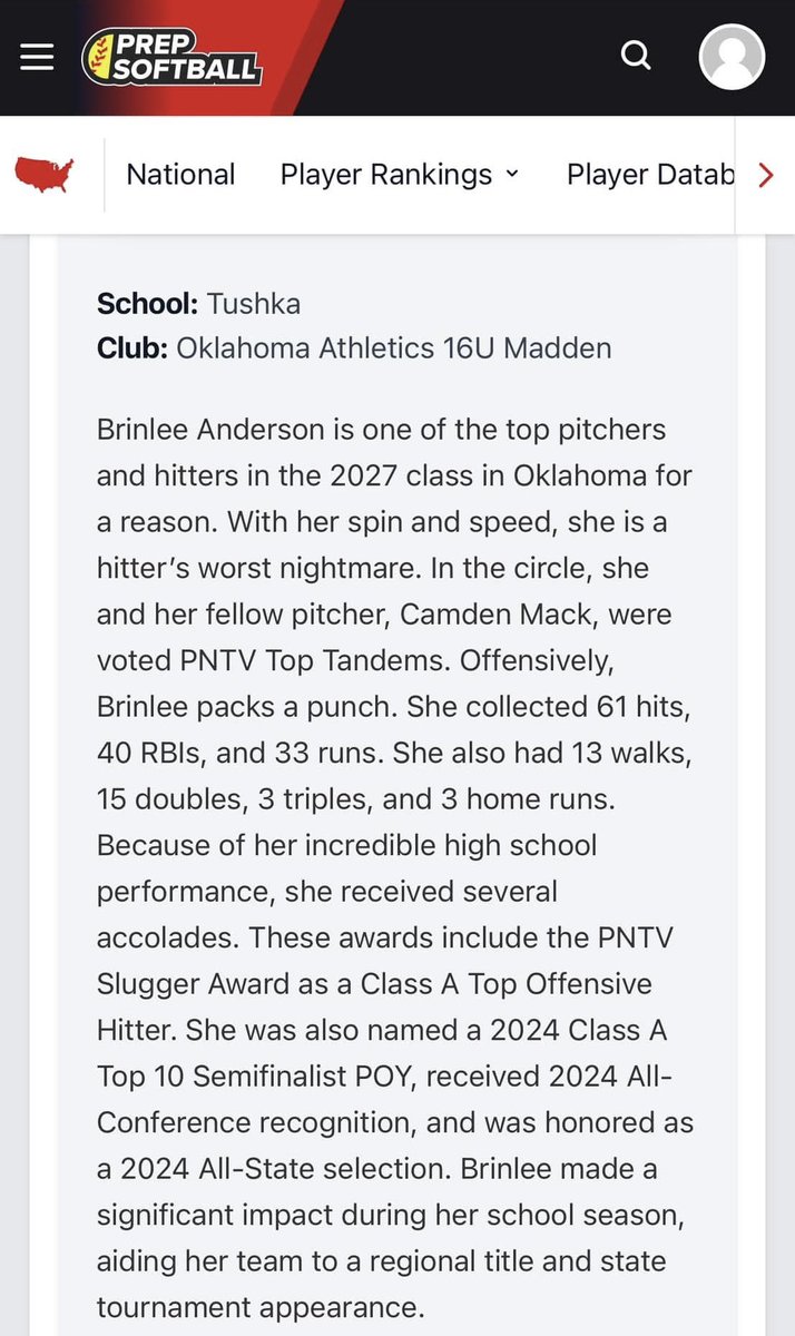 national_ok's tweet photo. Our @BrinleeAnderson is ranked one of the TOP pitchers AND hitters for class of 2027!๐คฉ๐ To say we are proud of you is an understatement! Now letโs get you recovered & back on the field! Take a read๐
#okathletics09national #toppitcher #tophitter #classof2027 #tushkahighschool https://t.co/Gi2xXVMfJl