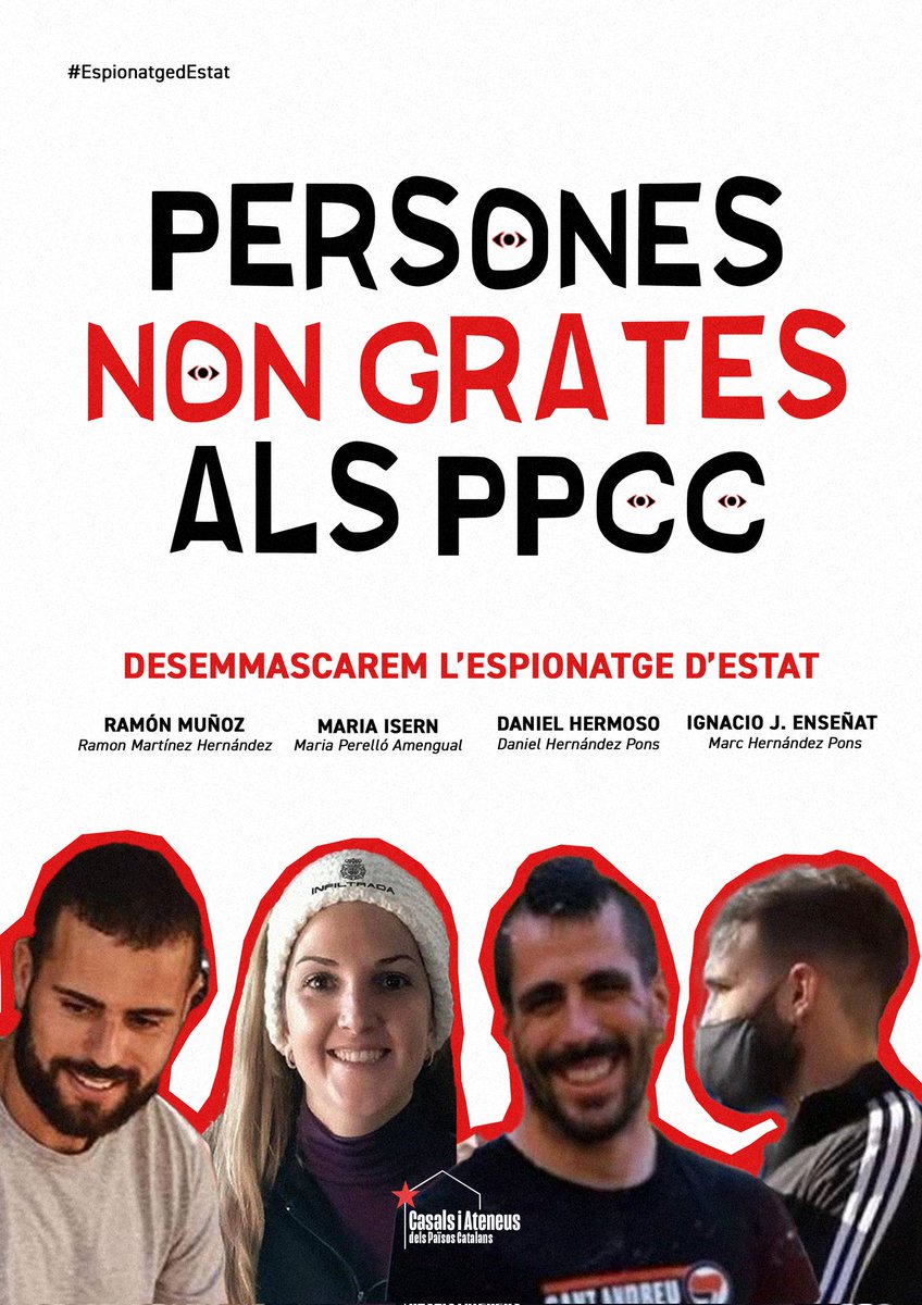 🔥 Assenyalem els infiltrats policials públicament!

👉 Que tothom sàpiga com es diuen i quina cara fan. Els casals i ateneus no oblidem i no perdonem.

Ramon, Maria, Daniel i Marc: sou persones non grates als Països Catalans!

#EspionatgedEstat