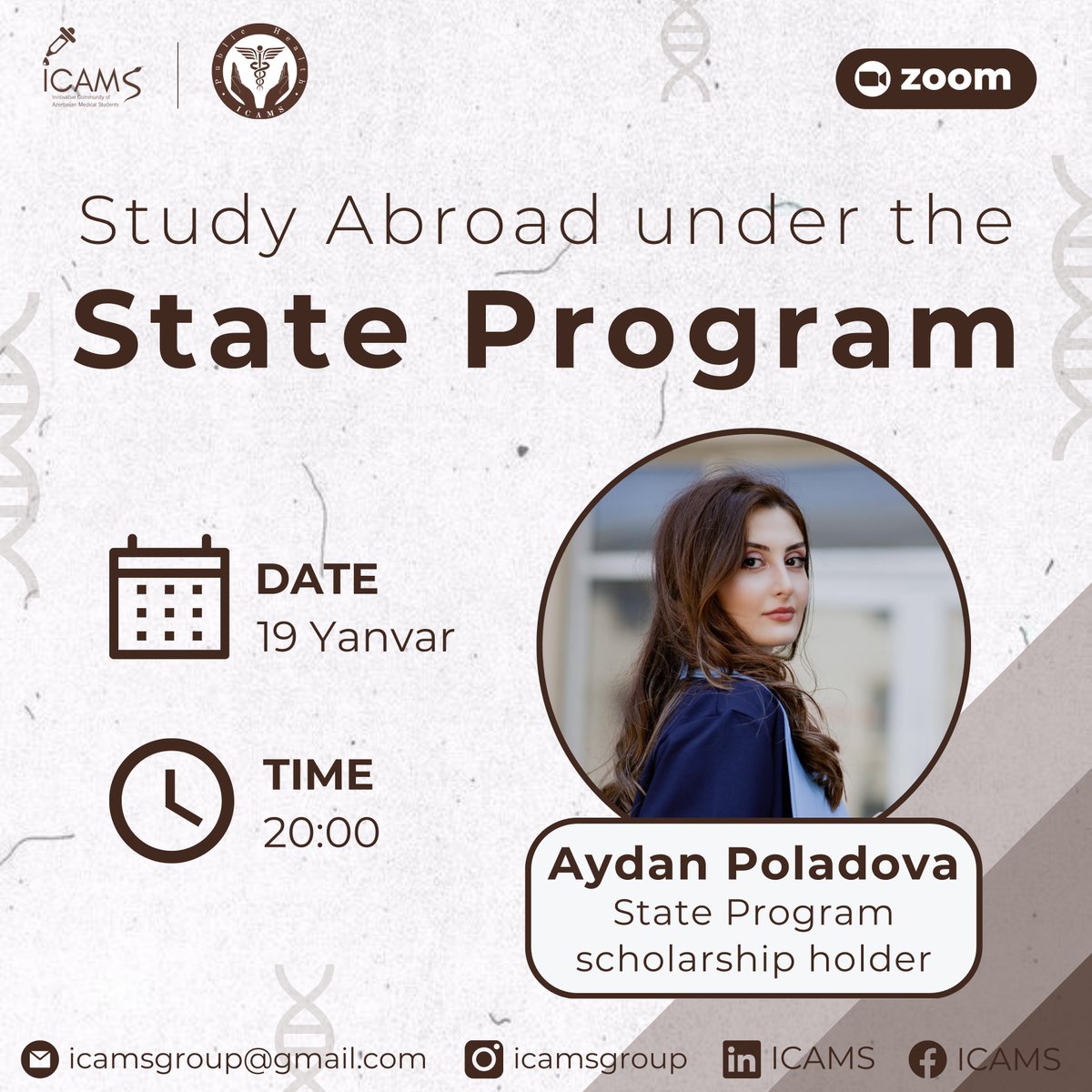 ICAMSgroup's tweet photo. 📢 Join us for an insightful webinar: "Studying Abroad under the State Program" with Aydan Poladova - State Program scholar, Azerbaijan Medical University honors graduate, and MPH student at Imperial College London.
⏳ Jan 19, 8:00 PM (GMT+4) 📍 ZOOM 
🔗https://t.co/w1Uu7fwIlQ https://t.co/dieLxeregJ