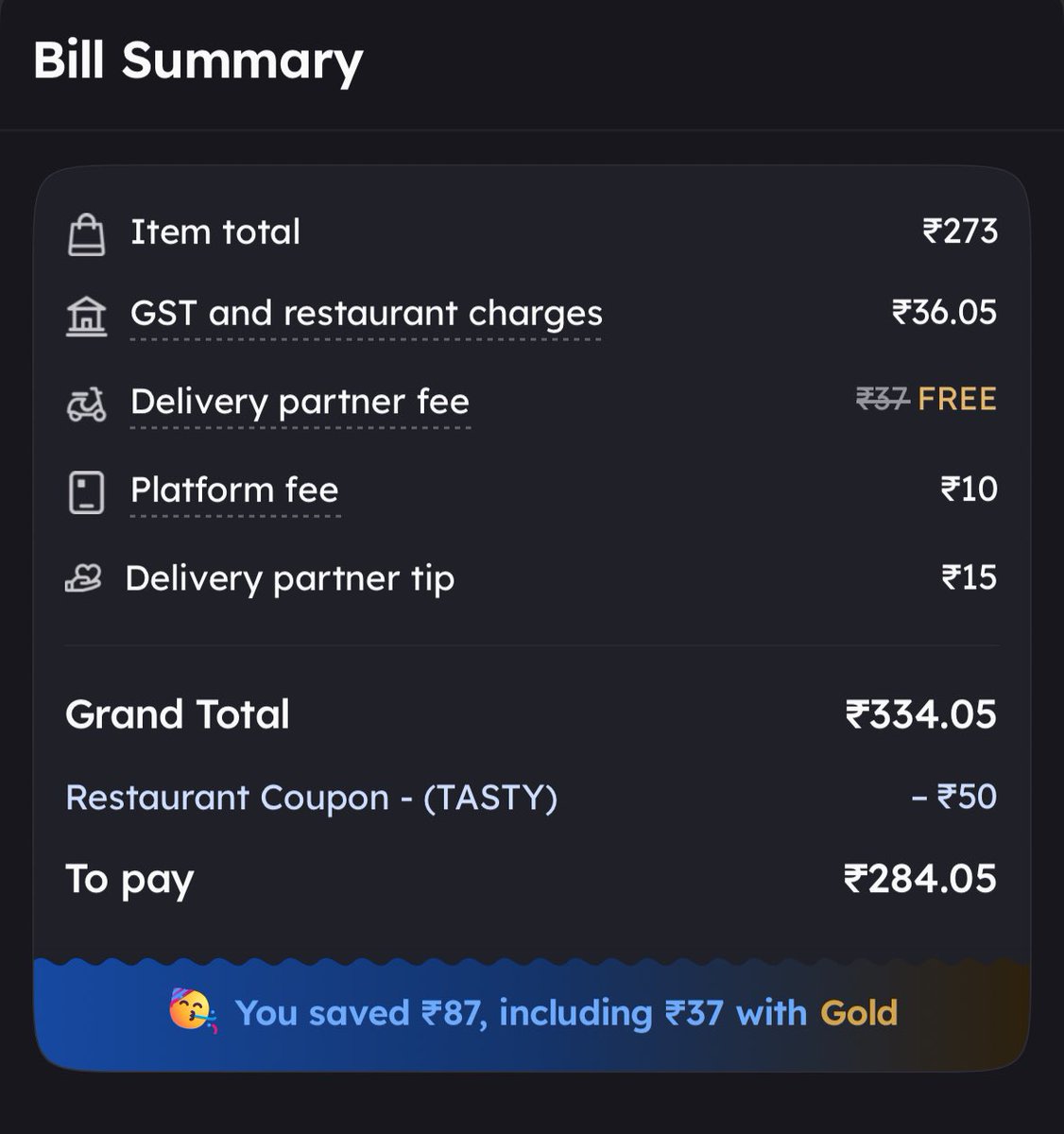 hmohapatra1's tweet photo. Same Item. 
1st a non gold account-277.55( delivery 37)
2nd a gold account-284(delivery free)
Don’t quite understand how gold is helping here? @zomato @zomatocare https://t.co/PM1cGrUZ3q