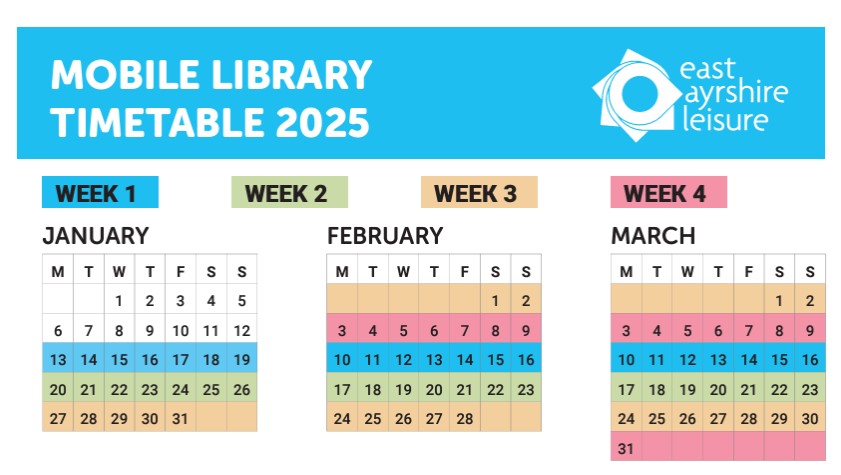 Our mobile library service will be operating on a 4-weekly timetable from January 2025, to cover both north and south mobile routes. Visit our website for the full timetable and to see when the mobile will be in your area - eastayrshireleisure.com/libraries/home…