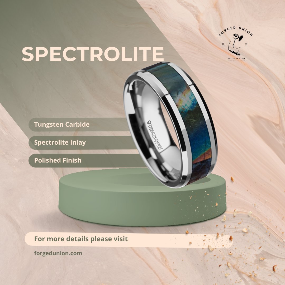 forgedunion's tweet photo. Experience the unmatched allure of our Beveled Tungsten Carbide Ring featuring a mesmerizing Spectrolite Inlay and a sleek polished finish. Designed for those who value sophistication in every detail #TungstenCarbideRing #SpectroliteInlay #BoldElegance #JewelryThatShines https://t.co/SuF44iUUt6