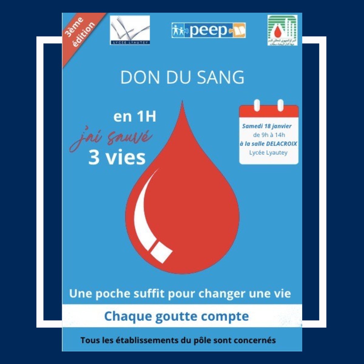 🩸 Appel à la solidarité : Don du sang au lycée Lyautey

 La PEEP, en partenariat avec le Centre Régional de Transfusion Sanguine de Casablanca, organise la 3ᵉ édition de collecte de sang au lycée Lyautey !

📅RDV le 18 janvier, dans la salle Delacroix de 9h à 14h.

<a href="/aefeinfo/">AEFE</a>