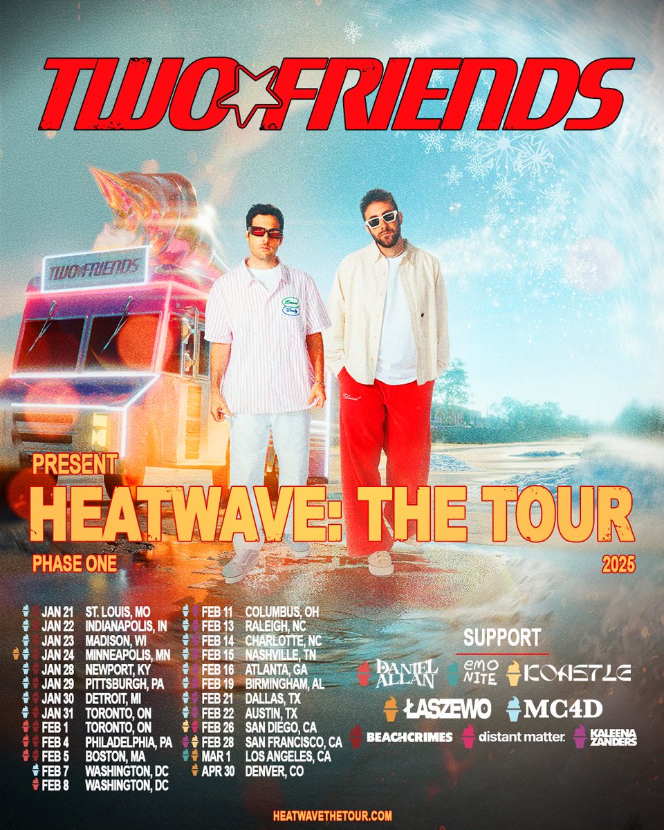 Two Friends (@twofriendsmusic) on Twitter photo TOUR BEGINS IN ONE WEEK 🥵
stoked to announce all the amazing homies joining us
our friends <a href="/imdanielallan/">Daniel Allan</a> <a href="/emonitela/">emo nite</a> <a href="/koastle/">Koastle</a> <a href="/Laszewo/">Łaszewo</a> <a href="/mc4dmusic/">MC4D</a> <a href="/beachcrimes/">Beachcrimes</a> @DistantMatter <a href="/KaleenaZanders/">Kaleena Zanders</a> are ready to make it hot
lets run it. heatwavethetour.com. TOUR BEGINS IN ONE WEEK 🥵
stoked to announce all the amazing homies joining us
our friends <a href="/imdanielallan/">Daniel Allan</a> <a href="/emonitela/">emo nite</a> <a href="/koastle/">Koastle</a> <a href="/Laszewo/">Łaszewo</a> <a href="/mc4dmusic/">MC4D</a> <a href="/beachcrimes/">Beachcrimes</a> @DistantMatter <a href="/KaleenaZanders/">Kaleena Zanders</a> are ready to make it hot
lets run it. heatwavethetour.com.