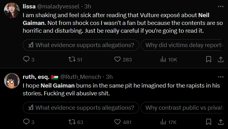 can i just say the victim-blaming grok shit under the neil gaiman allegation tweets are fucking disgusting proof that this ai shit is harmfully biased