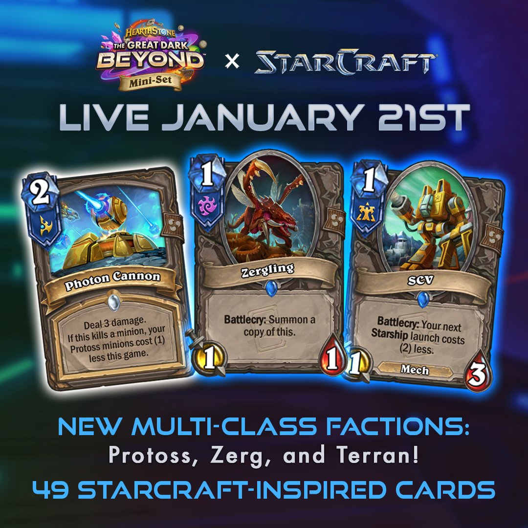 PlayHearthstone's tweet photo. The Heroes of StarCraft Mini-Set brings iconic faction playstyles to your deck:

👾 Zerg Rush to overwhelm your enemies.
🚀 Launch massive Terran Battlecruisers.
⚡ Ramp to huge minions with Protoss psionics.

The fight starts January 21st. https://t.co/E1y2izT9ih