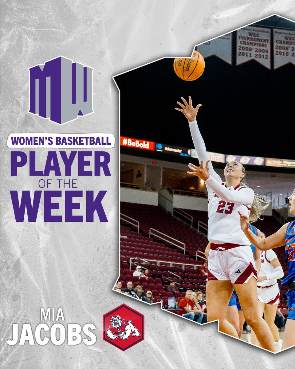 MountainWest's tweet image. Mia Jacobs is this week’s Women’s Basketball Player of the Week! Jacobs led the Bulldogs to a 2-0 week with wins over San José State and Boise State, while logging back-to-back double-doubles👏 

#MakingHerMark | #MWWBB | #GoDogs