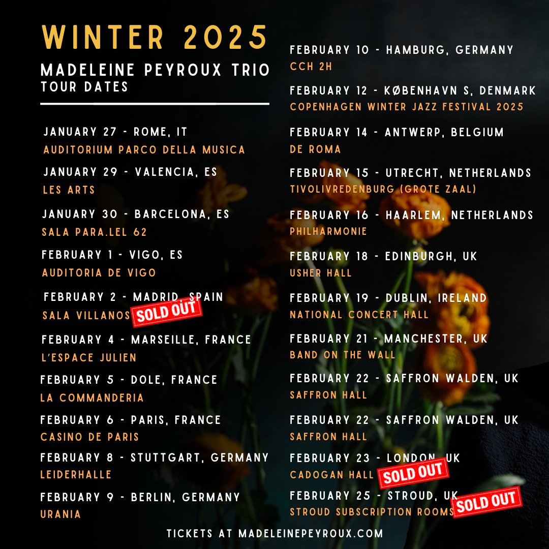 Tickets for 2025 European &amp; UK Dates are starting to sell out!! Don't wait too long to get yours :) 

TICKETS:
madeleinepeyroux.com

#Europe #tour2025