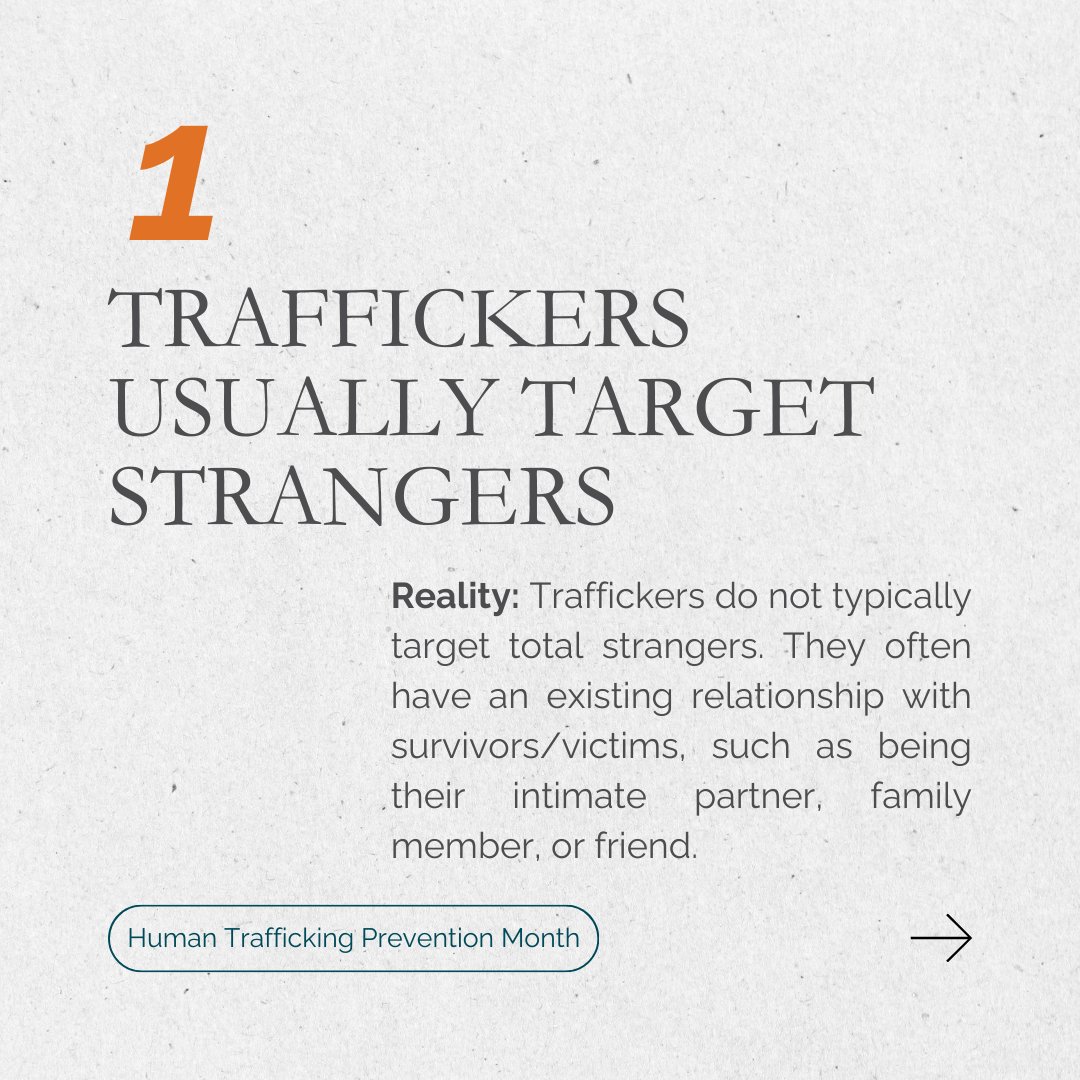 TheCAASE's tweet photo. January is #HumanTraffickingPreventionMonth. While it’s clearly an important &amp; pressing issue, there is still lots of misinformation out there. Check out these 3 common misconceptions &amp; their truths. Awareness is the first step in preventing &amp; ending #HumanTrafficking! https://t.co/NWEPc5lOFe
