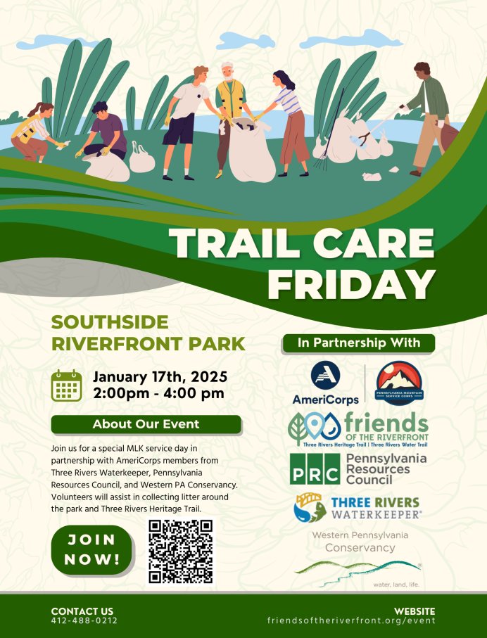 3RWaterkeeper's tweet photo. A reminder to join us on the Southside Riverfront Park segment of the Three Rivers Heritage Trail for a special MLK service day hosted by @FriendsRvrFront in partnership with @AmeriCorps members from 3RWK, @PRC_Litterbug, and @WaterLandLife 
Register: https://t.co/jeFsukP2k7 https://t.co/1rHvz4wf1j
