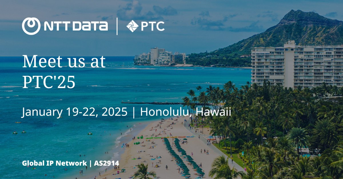 GinNTTnet's tweet photo. The Global IP Network at @nttdata_inc will attend #PTC25 hosted by the @PTCouncil. Please DM us to schedule a meeting and learn more about our Tier 1 global IP backbone #AS2914 and IP services. See you in Honolulu!
#NTTDATA #globalipnetwork https://t.co/WQsMaLX5Qi
