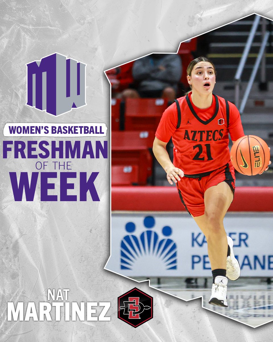 MountainWest's tweet image. Nat Martinez is crowned Freshman of the Week because she averaged 13 points, two steals, and one assist per game, while shooting 81.8 percent from the floor and 88.9 percent from the charity stripe 🤩 

#MakingHerMark | #MWWBB | #GoAztecs