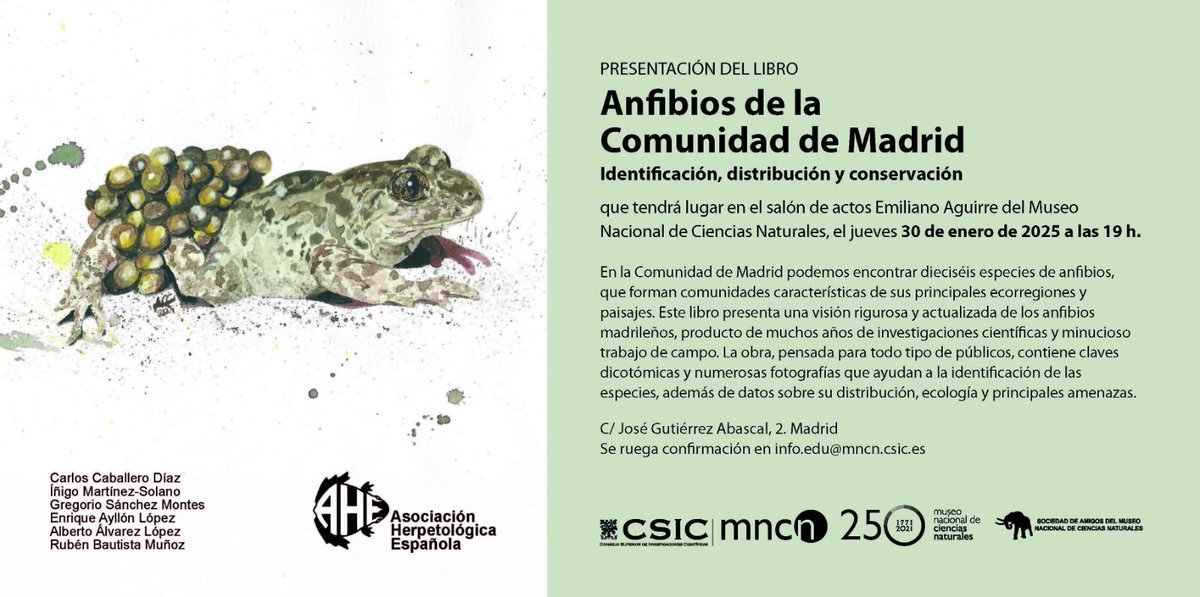 Quercus (@revistaquercus) on Twitter photo Próxima cita en el <a href="/mncn_csic/">Museo Nacional de Ciencias Naturales</a>: presentación del libro "Anfibios de la Comunidad de Madrid. Identificación, conservación y distribución", el 30 de enero. Plazas limitadas mncn.csic.es/es/sociedad-de… Próxima cita en el <a href="/mncn_csic/">Museo Nacional de Ciencias Naturales</a>: presentación del libro "Anfibios de la Comunidad de Madrid. Identificación, conservación y distribución", el 30 de enero. Plazas limitadas mncn.csic.es/es/sociedad-de…
