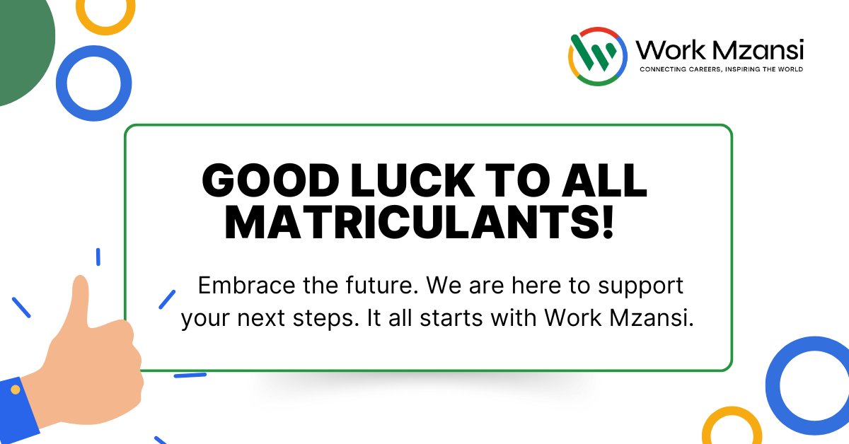 WorkMzansi's tweet photo. Good luck to all Matriculants! No matter the outcome, remember your potential is limitless. Work Mzansi is here to support your next steps. It all starts with Work Mzansi. 

https://t.co/GK1gKLdkRO
#MatricResults #NewBeginnings #WorkMzansi #ItallstartswithWorkMzansi. https://t.co/J3ykAE6ynC