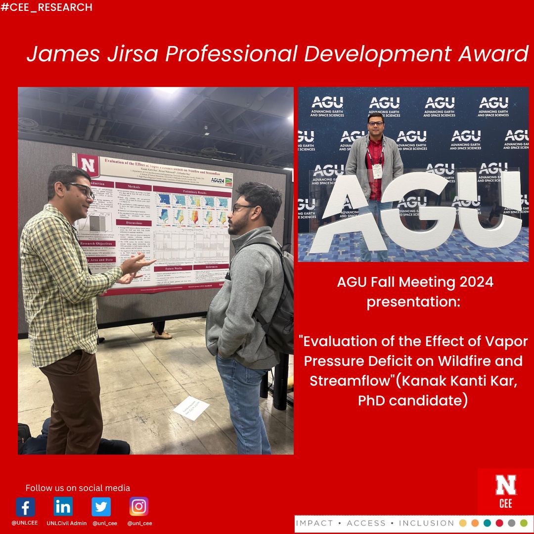 The CEE department scholarship committee recommended Kanak Kanti Kar (PhD candidate) to receive the James Jirsa Professional Development Award. Mr. Kar presented one of his Ph.D. works at the AGU Fall Meeting 2024! Great job, Kanak! 👏