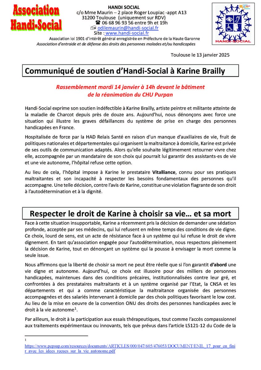 odile31's tweet photo. Communiqué de soutien d’@Handi_Social à Karine Brailly ♿
#PasDeMortdigneSansVieDigne
Rassemblement mardi 14 janvier à 14h devant le bâtiment de la réanimation du CHU Purpan
Handi-Social exprime son soutien indéfectible à Karine Brailly, artiste peintre et militante atteinte ⤵ https://t.co/xnIG07DFOy