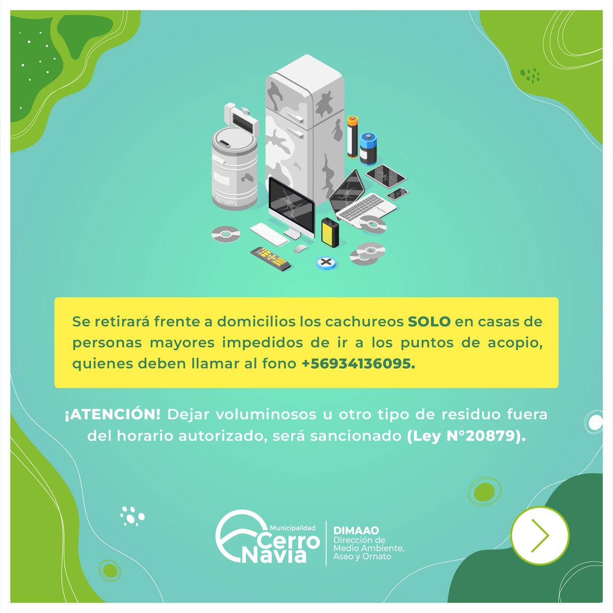 Miércoles 15 de enero- Unidad vecinal N°04

🚛Puntos:
📍Diego Ramírez &amp; Haitecos.
📍San Ambrosio &amp; Isla de Pascua. 
📍Diego Ramírez &amp; Isla Grande. 
📍Diego Ramírez &amp; Los Retamos. 

Si eres una persona mayor puedes solicitar el retiro frente a tu domicilio llamando al 934136095.
