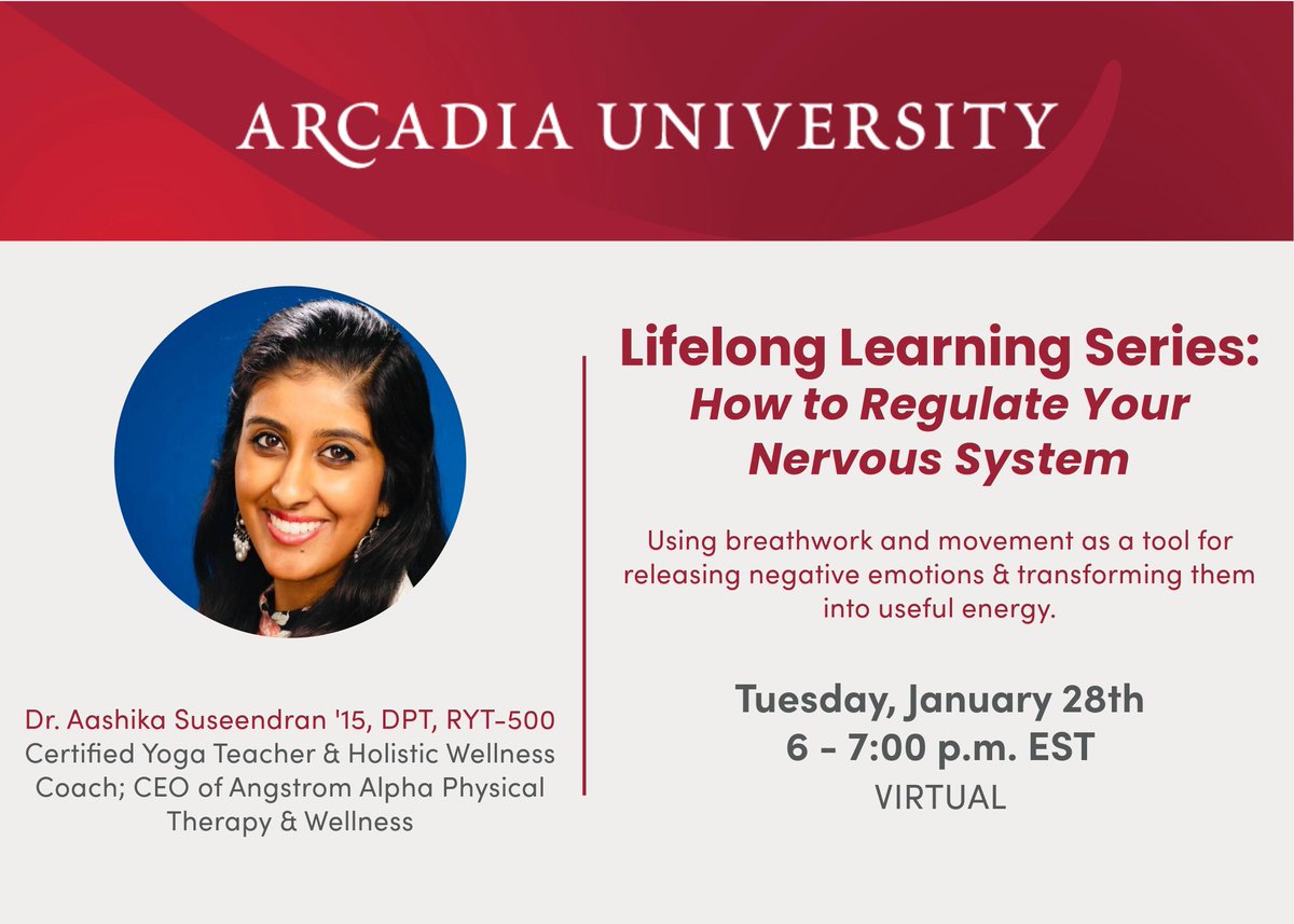 Our Lifelong Learning series continues with Dr. Aashika Suseendran '15, DPT, RYT-500. Dr. Suseendran will show us how to use breathwork and movement as a tool for releasing negative emotions &amp; transforming them into useful energy. 

Register Here: givecampus.com/schools/Arcadi…