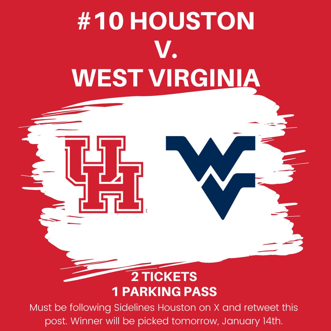 SSN_UH's tweet photo. 🚨GIVEAWAY ALERT🚨

I'm giving away two tickets and a parking pass to Wednesday night's game against @SSN_WVU. To win, retweet this tweet and follow me! I will pick someone tomorrow...good luck!

#GoCoogs #ForTheCity https://t.co/i7gp2A0axf
