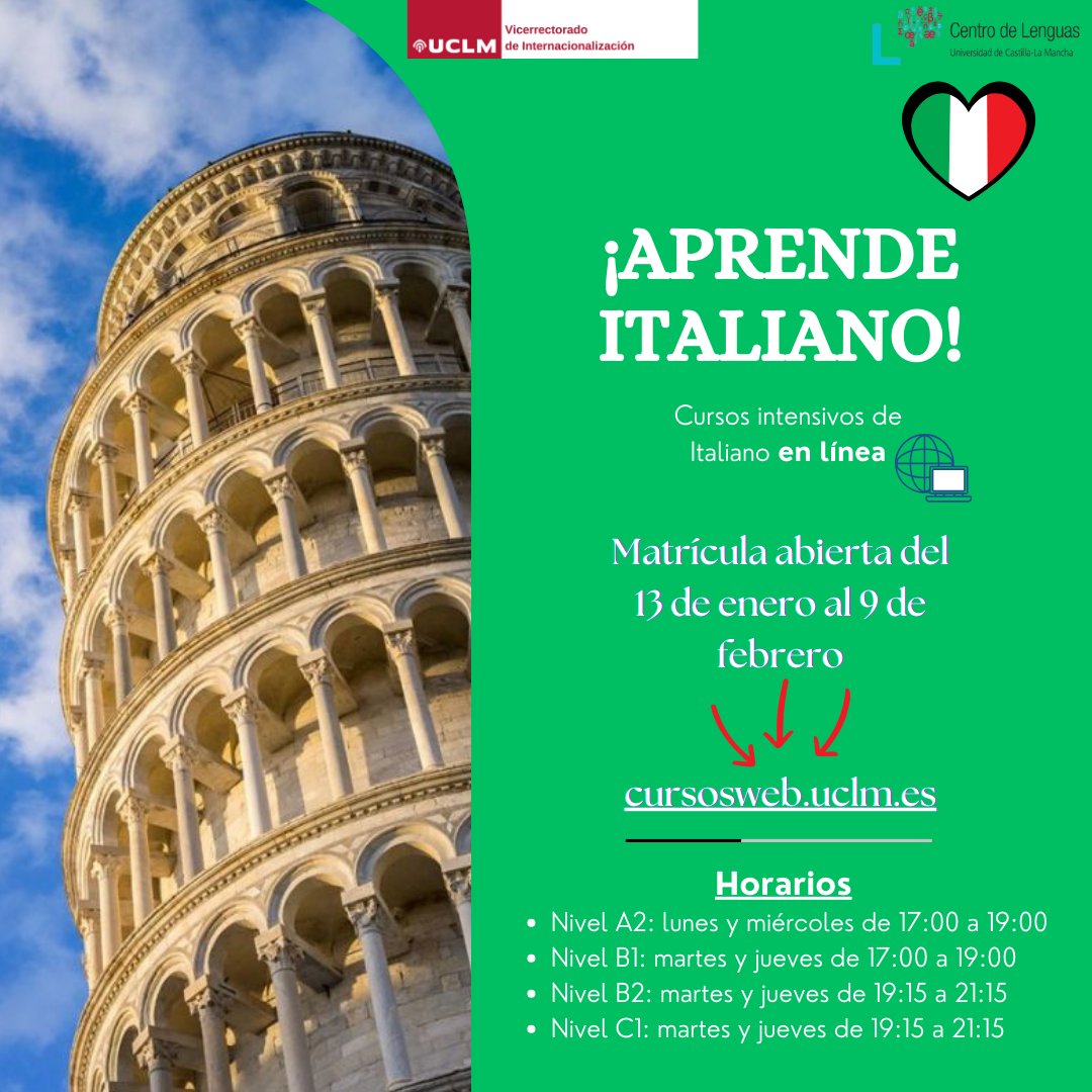 cel_uclm's tweet photo. ⚠️ ABIERTA LA MATRÍCULA DE CURSOS INTENSIVOS PARA EL SEGUNDO CUATRIMESTRE 

✔️Hasta el 9 de febrero puedes matricularte en nuestros cursos intensivos de inglés e italiano, a través de https://t.co/nhtNLwCnWr

ℹ️ Más Información en: https://t.co/IWHR488G1J

@uclm_inter
@uclm_es https://t.co/TCjjNt8STy