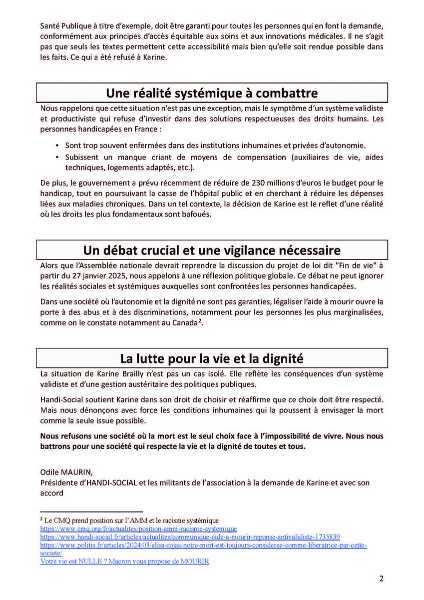 odile31's tweet photo. Communiqué de soutien d’@Handi_Social à Karine Brailly ♿
#PasDeMortdigneSansVieDigne
Rassemblement mardi 14 janvier à 14h devant le bâtiment de la réanimation du CHU Purpan
Handi-Social exprime son soutien indéfectible à Karine Brailly, artiste peintre et militante atteinte ⤵ https://t.co/xnIG07DFOy