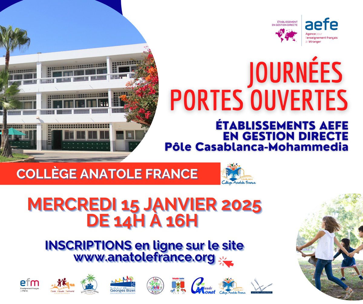 🚨 👥 JOURNÉES PORTES OUVERTES au collège Anatole France !

Venez découvrir le collège Anatole France lors des JOURNEES PORTES OUVERTES :

➡ Mercredi 15 janvier > Inscription en ligne sur le site anatolefrance.org

<a href="/aefeinfo/">AEFE</a>