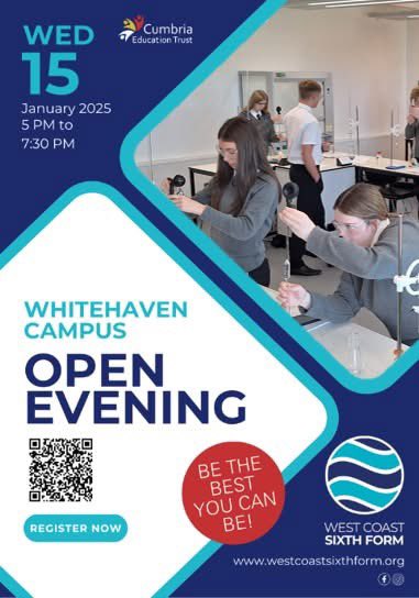 West Coast Sixth Form
Open Evening
Wednesday 15th January
Sign up here👇

westcoastsixthform.applicaa.com/events/5
