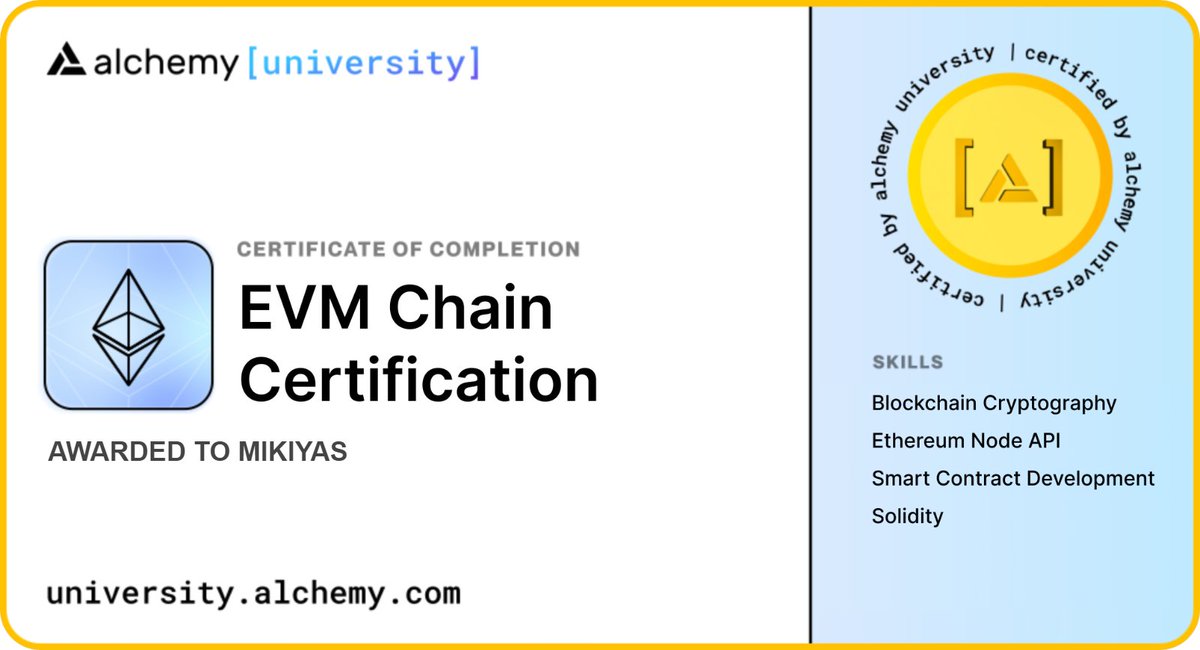 Miko_sis's tweet image. 🚀 Excited to announce that I've completed the EVM Chain Certification from Alchemy University!
A huge shoutout to the incredible @AlchemyLearn, @AlchemyPlatform,@xerxisEthDevs  and the AU community/team members for providing such a supportive and innovative learning environment.