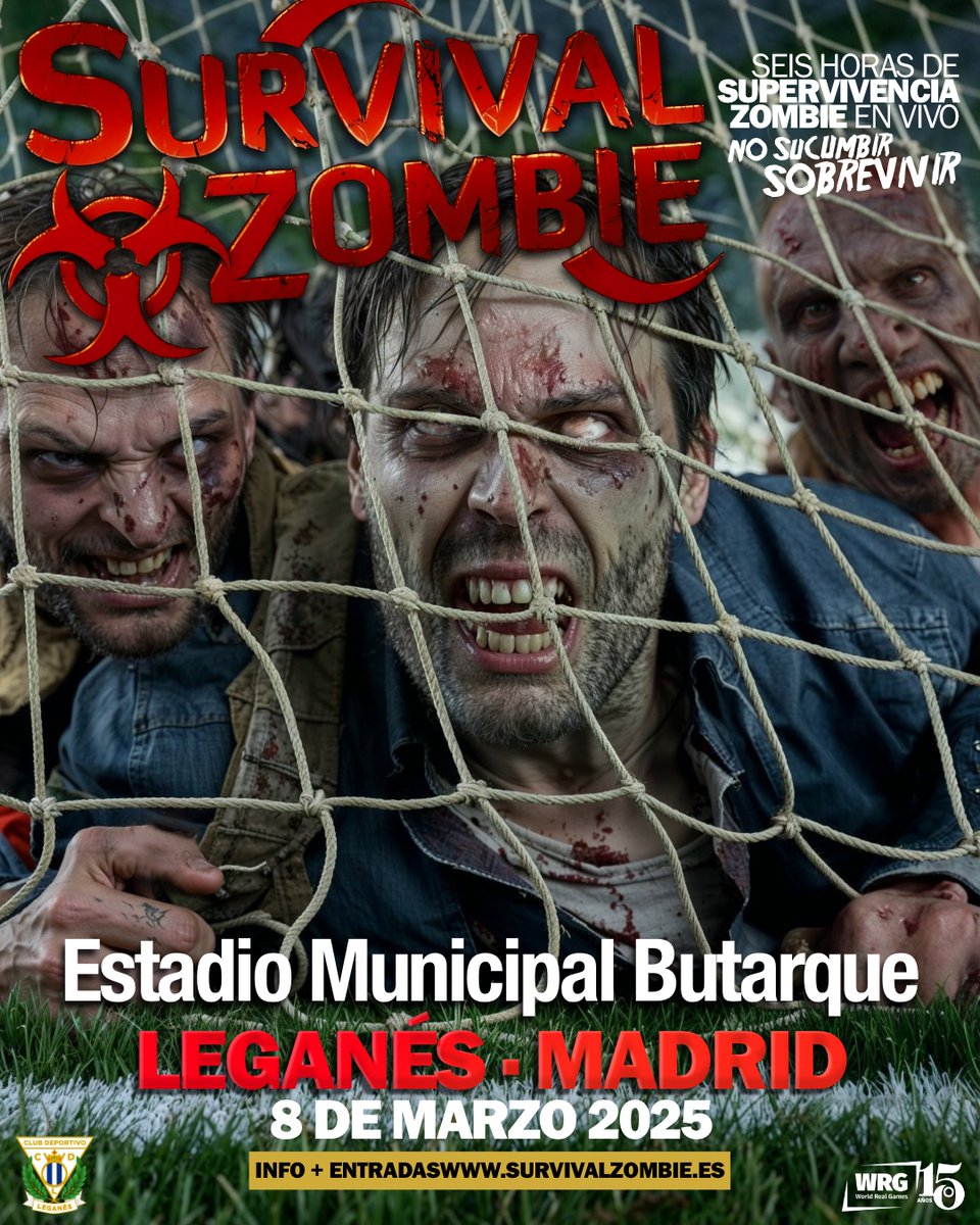 ¡Llegamos a la Primera División del deporte Rey! La infección zombie llega a Leganés. 6 horas de infarto en el estadio municipal Butarque. Tensión, adrenalina, el glorioso esplendor del verde campo de juego como espectador y muertos vivientes <a href="/CDLeganes/">C.D. Leganés</a> 
#survivalzombie #zombies