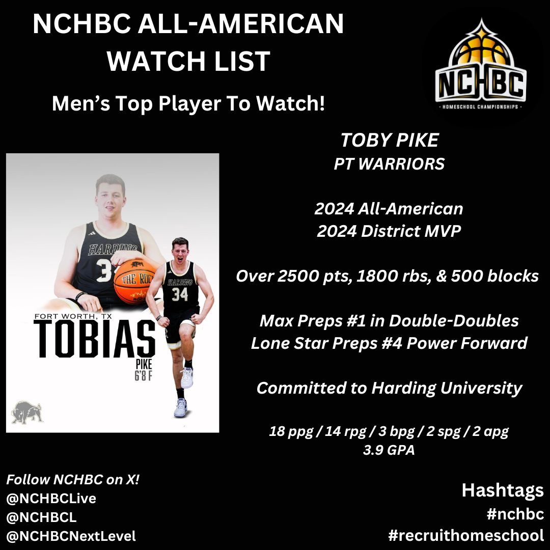 NCHBC Recruiting (@nchbcnextlevel) on Twitter photo We are excited to release the 2025 TOP PLAYER TO WATCH on the Boys All-American Watch List:
TOBY PIKE (PT Warriors)
The 6'8" <a href="/Harding_MBB/">Harding Men's Basketball</a> commit is a FORCE to be reckoned with on the court. Toby is automatic bucket in the paint with a great IQ and interchangeable at the 4 or 5. We are excited to release the 2025 TOP PLAYER TO WATCH on the Boys All-American Watch List:
TOBY PIKE (PT Warriors)
The 6'8" <a href="/Harding_MBB/">Harding Men's Basketball</a> commit is a FORCE to be reckoned with on the court. Toby is automatic bucket in the paint with a great IQ and interchangeable at the 4 or 5.