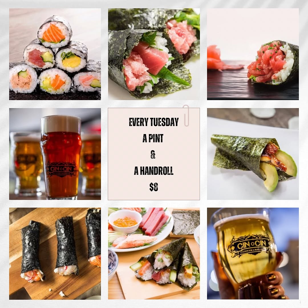 Twos-day just got tastier! 

Treat yourself every Tuesday! Grab a pint and a handroll for just $8 every Tuesday at @cincinbrewhouse. 🍣🍺 Who's ready to indulge? Tag your foodie friends below! 👇

#NCBA #nvbeer #drinklocal #Tuesday #happyhour #handroll #sushi #cincinbrewery