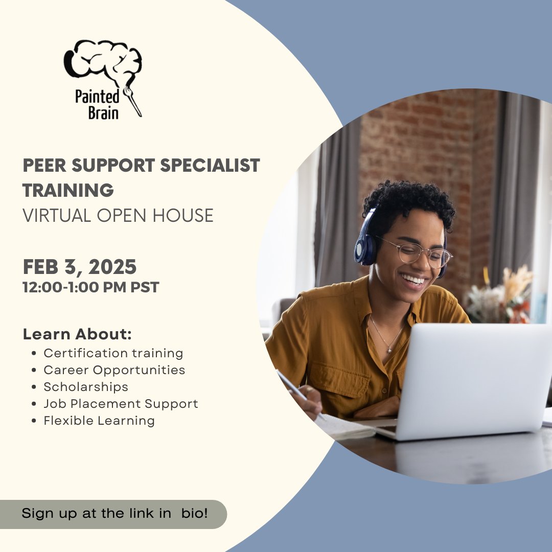 🚀 Ready to grow as a Peer Support Specialist?
Join Painted Brain’s Virtual Open House -> discover our Medi-Cal Certification Training! 
🌟Scholarships available!
📅 Date: February 3 ⏰ 
Time: 12:00 PM - 1:00 PM 📍 Virtual on Zoom
🔗 Reserve your spot: bit.ly/PeerTrain-02-25