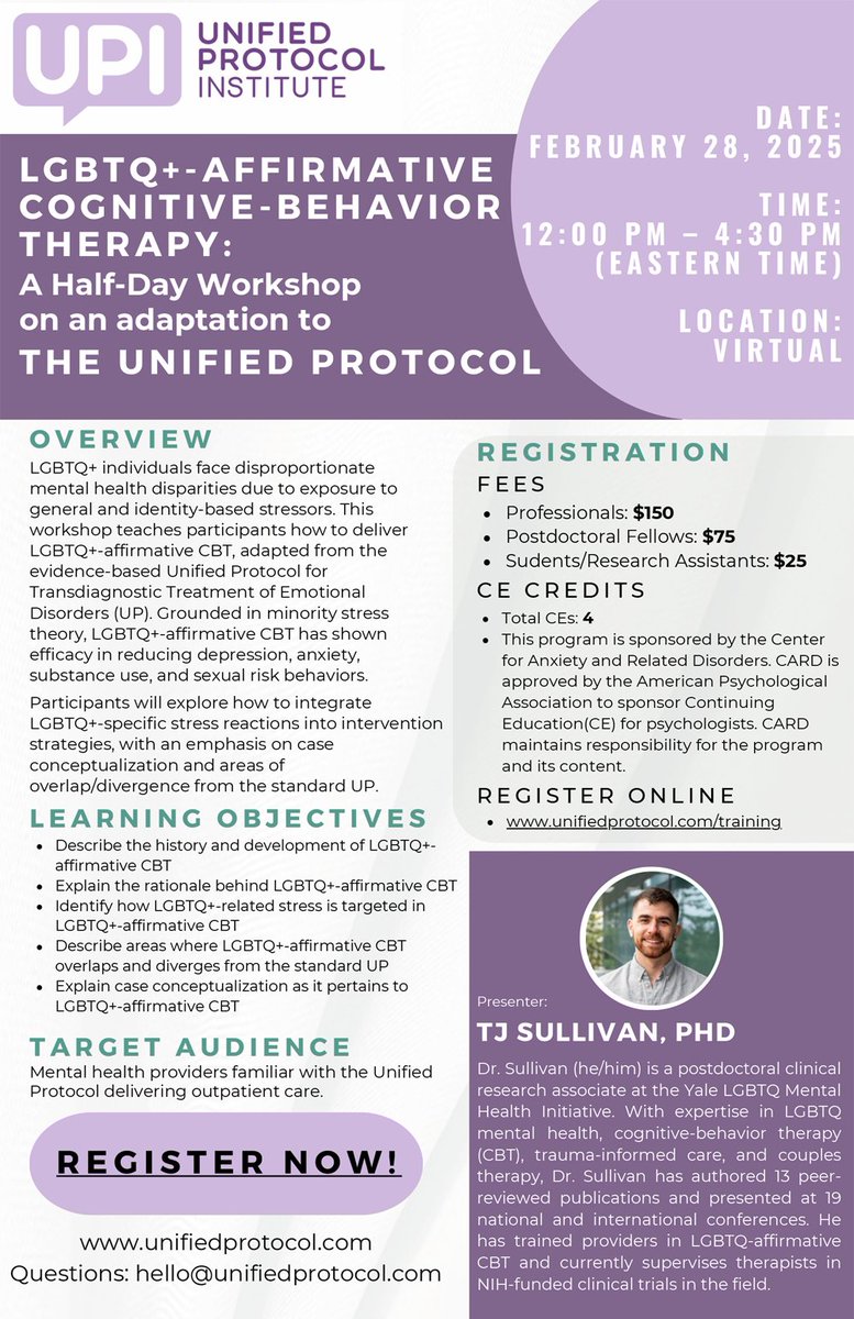 Interested in how to provide affirming care using the UP to LGBTQ+ individuals? 

Join us for a half-day workshop lead by Dr. TJ Sullivan of Yale on Friday, February 28th. 

Details and registration info available here: unifiedprotocol.com/event/lgbtq-af…

#CBTworks